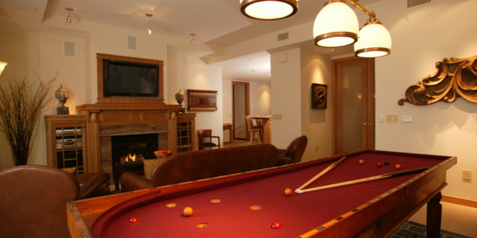 family room with a pool table 