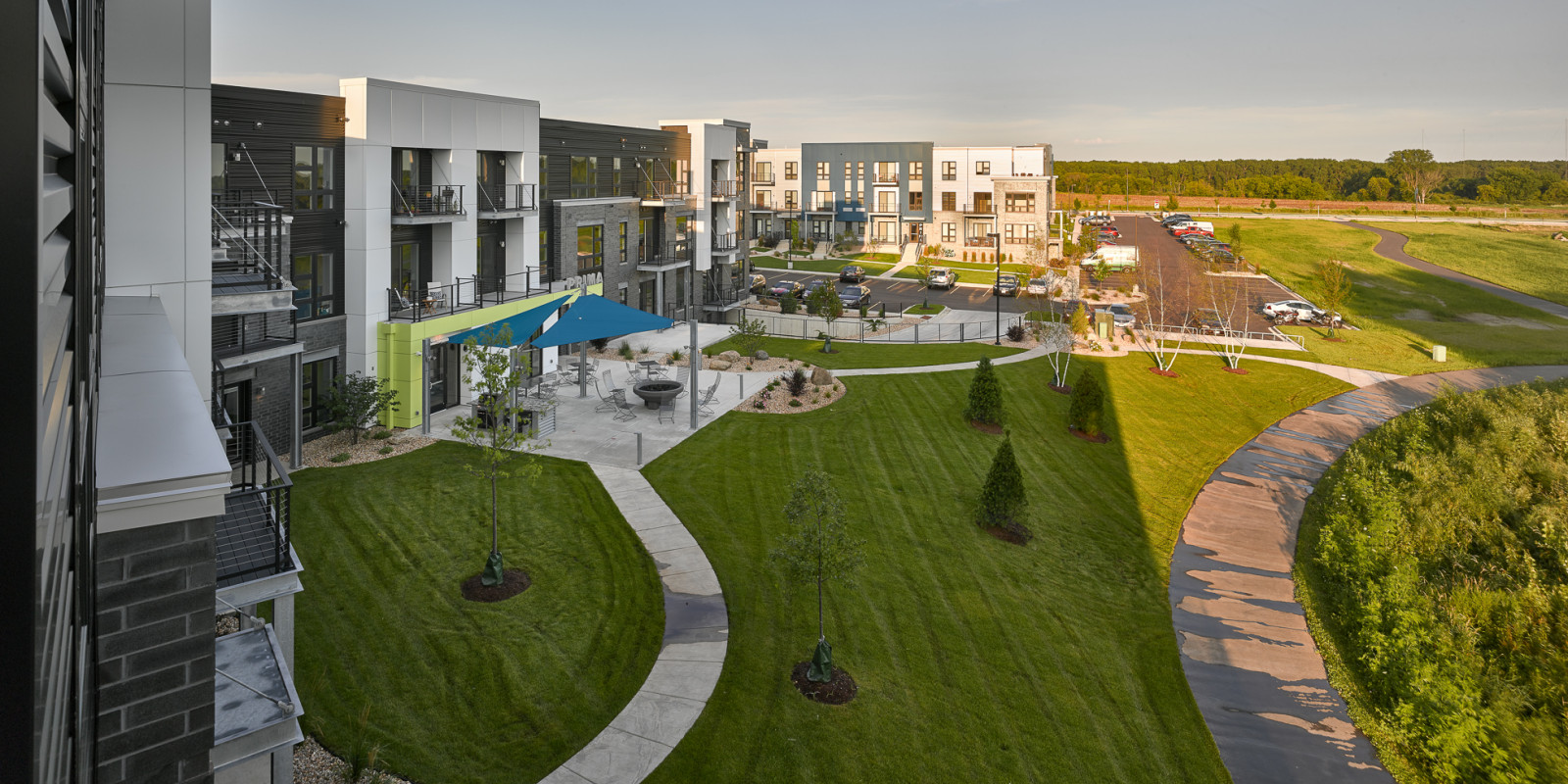 aerial view of courtyards at Prima apartments in Fitchburg, WI